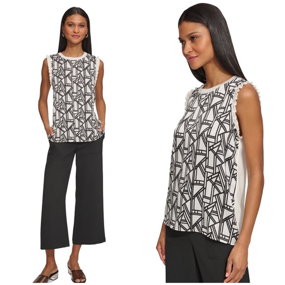 Karl Lagerfeld Paris Geometric Print Mixed Media Ruffle Trim Sleeveless Top - Picture 3 of 12